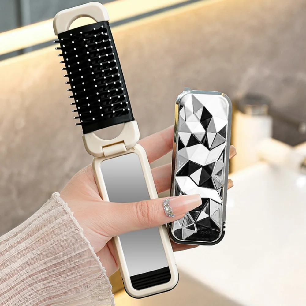 

2/1 Women's Mini Folding Comb - Stylish Diamond Pattern Design, Portable Dual Use Comb with Detachable Air Cushion Comb