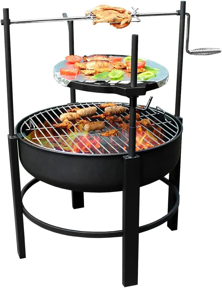 

Fire Pit with 2 Grill, Round Metal Wood Burning Firepit with Surrounding Removable Cooking Grill, Unique Design for Camping