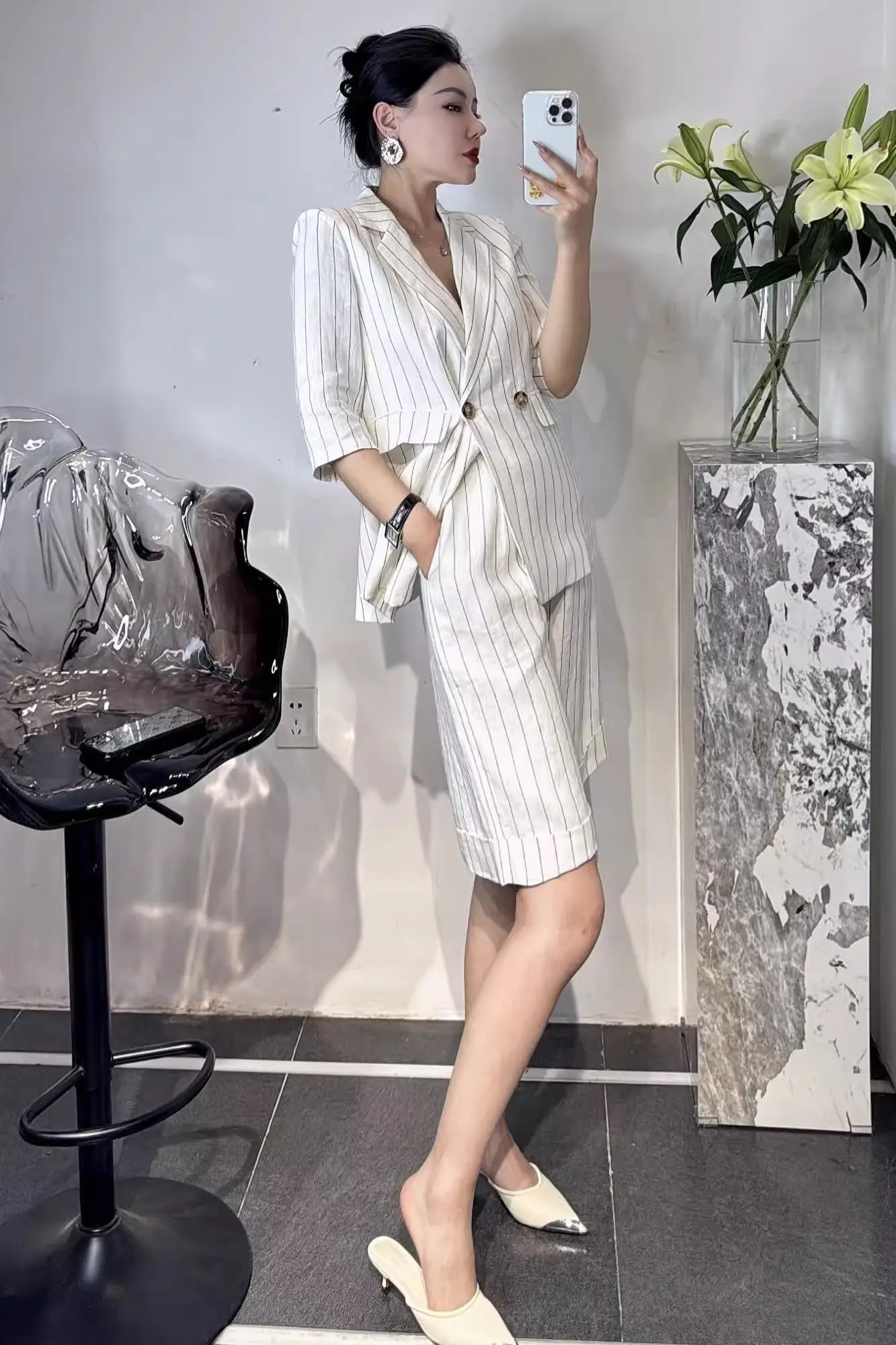 

Insozkdg Fashion Shorts Set Summer High end Loose Linen Short Sleeve Striped Suit Knee Length Pants Two Piece Set Women Outfits