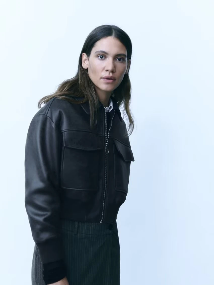 

Autumn Winter Women's Loose Pilot Jaet Fake Leather Outerwear Trendy Long Sve Zipper Closure Pure Color Versatile Sle