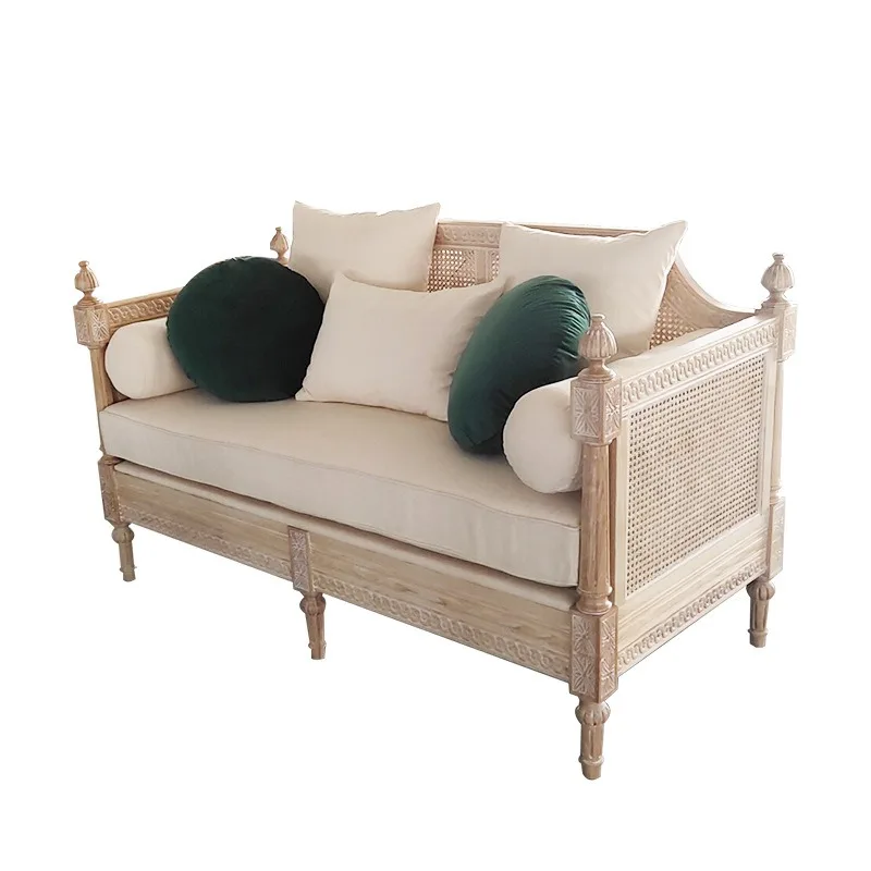 American country retro sofa, old rattan art French three-person fabric art oak rattan solid wood furniture