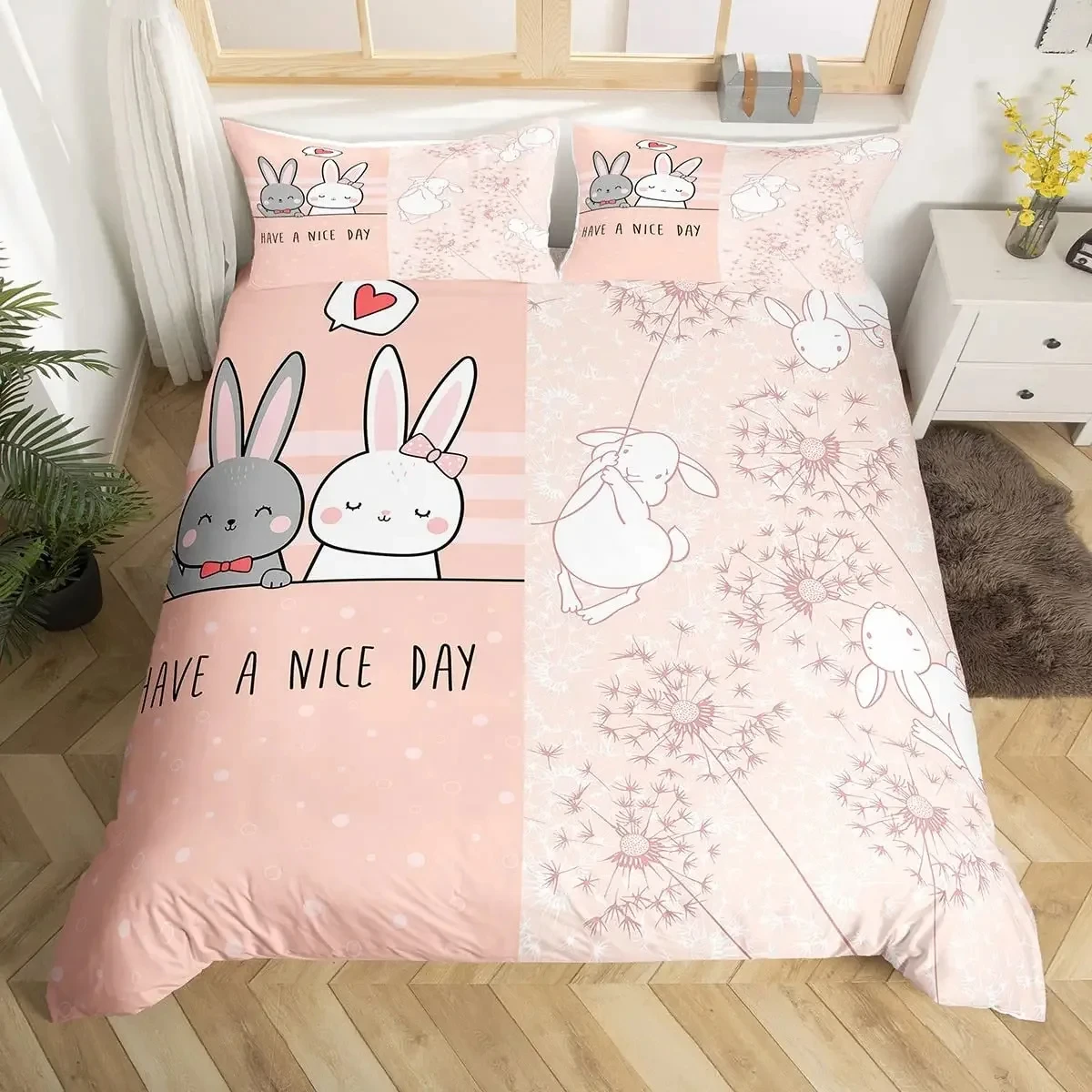 

Pink Rose Swan Duvet Cover King Size Kawaii Pet Rabbit Ballet Dancer Comforter Cover Microfiber Girly Cartoon Animal Bedding Set