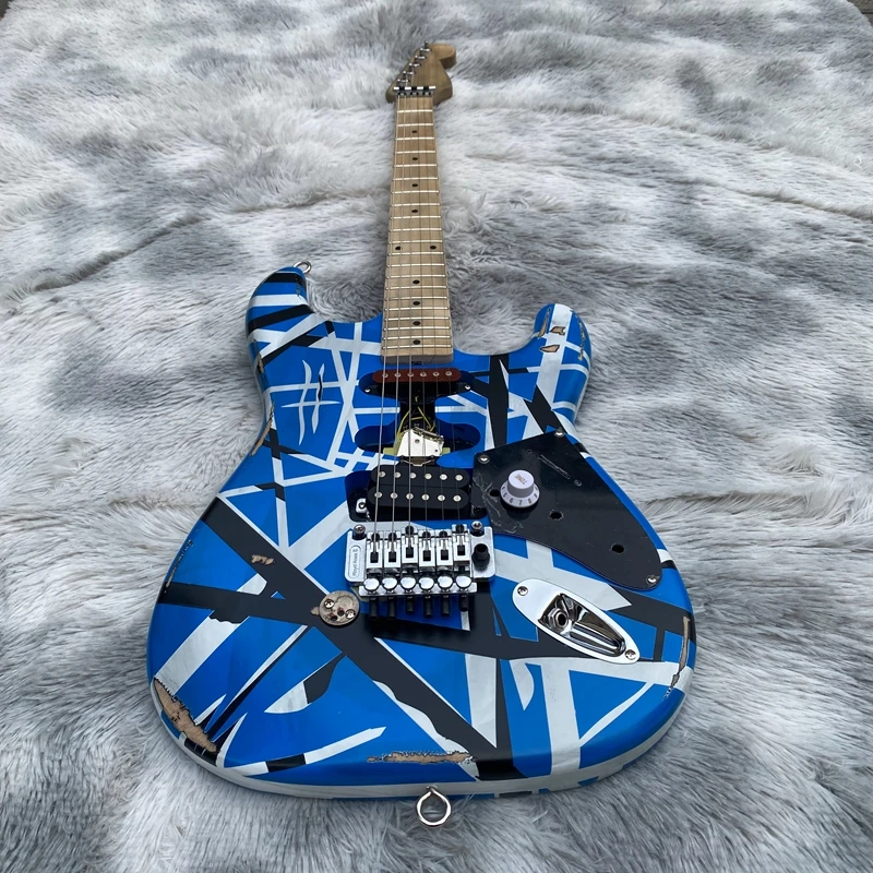 Edward Eddie Van Halen Heavy Relic blu Franken 5150 Electric Guitar Black White Stripes Floyd Rose Tremolo Bridge Slanted Pickup