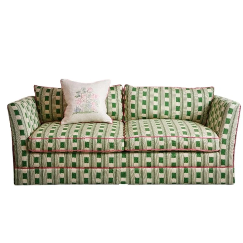 كرسي غرفة المعيشة الفرنسي القديم ذو الظهر العالي، أريكة قماشية أمريكية من القرون الوسطى باللون الأخضر منقوشة بصف مستقيم #1