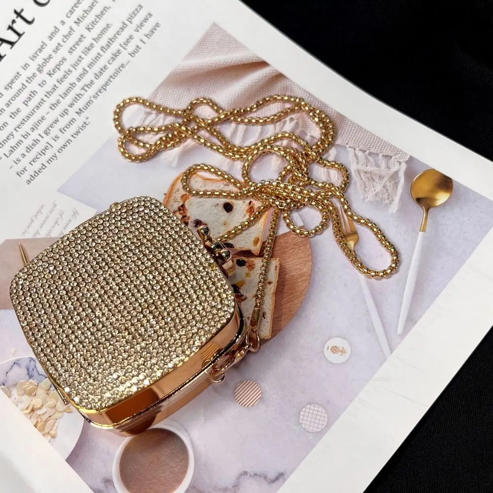 Detachable Long Chain Rhinestone Inlay Clutch Bag Waterproof Lightweight Portable Shoulder Bag Glitter Lock Catch