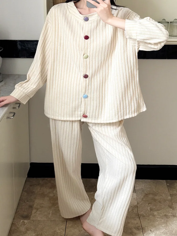 Bottone monopetto addensato Conjuntos caldi Set da 2 pezzi a righe larghe casual da donna Set di pantaloni a vita alta alla moda