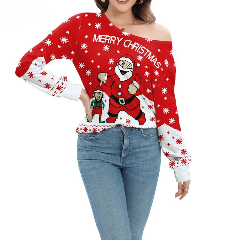 Santa Claus Women Long Sleeves T-Shirts Merry Christmas Printed Tee Red Off Shoulder Graphic Shirt Autumn Female Clothes