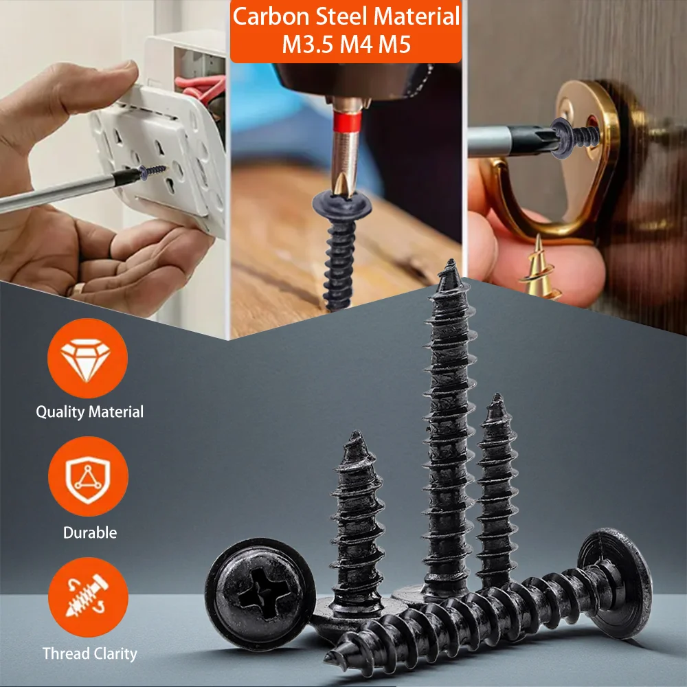 Набор из 700 шт. M3,5 M4 M5 PWA, черные саморезы с гайками, винты с резьбой из углеродистой стали, стопорные гайки, комплект винтов по дереву