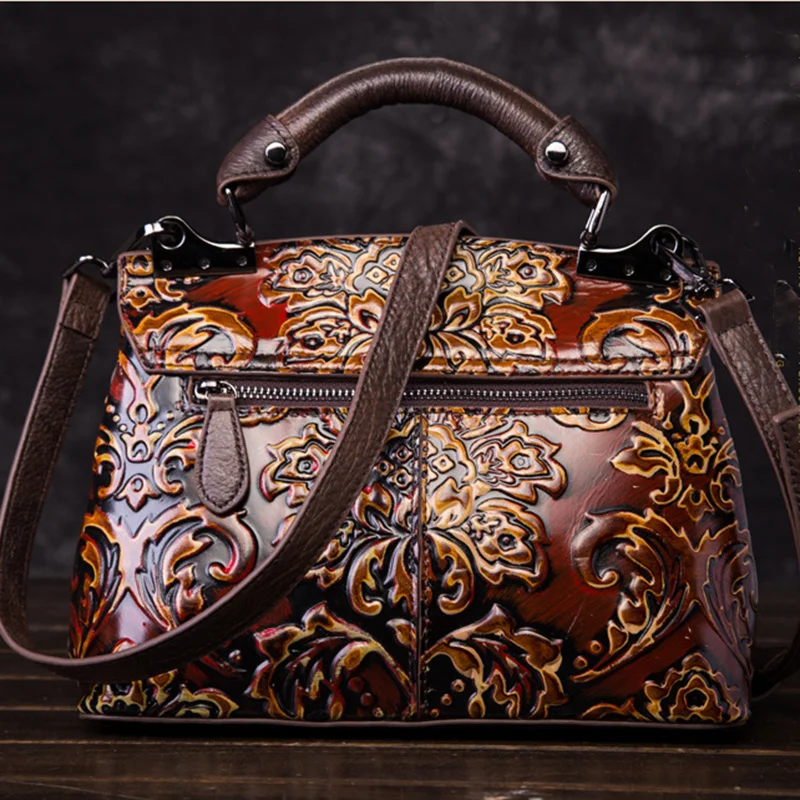 Natural Skin Top Handle Shoulder Bag Cross Body Handbag Embossed Vintage Leisure Women Genuine Leather Messenger Tote Bags