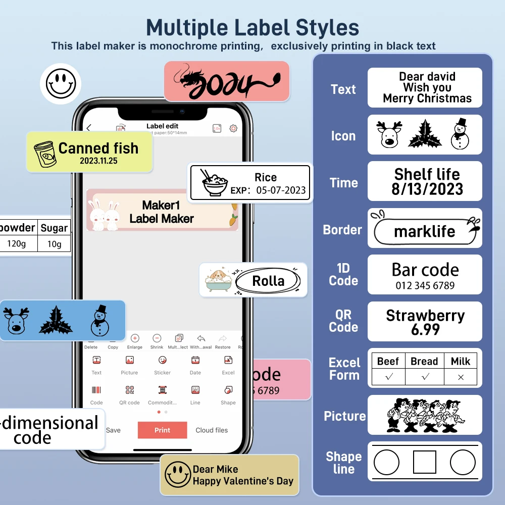 Marklife M1 طابعة بلوتوث صغيرة محمولة بدون حبر مثل طابعة الملصقات الحرارية D11 D110 D101