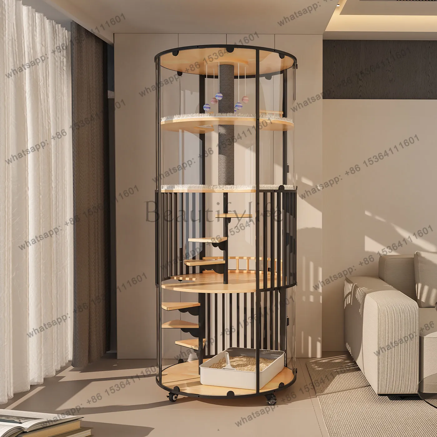 Luxury panoramic glass cat villa cage solid wood transparent oversized movable home cat house