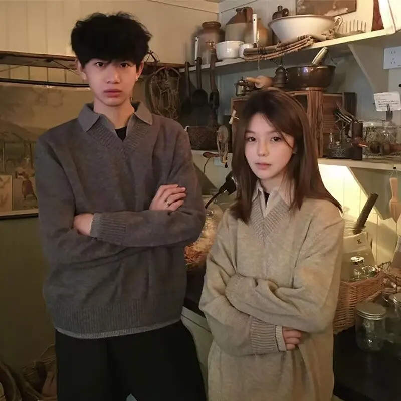 

Американский Sle Ретро High Street Поддельный двухсекционный трикотаж Мужской повседневный свитер Осень-зима Новый универсальный трикотаж для пар