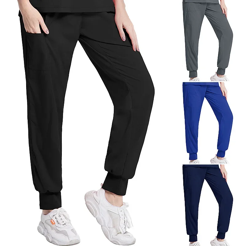 Pantalones de enfermera elásticos para mujer, pantalones de bata quirúrgica de verano, cintura elástica delgada, pantalones de trabajo de médico de secado rápido, color negro, talla grande, azul