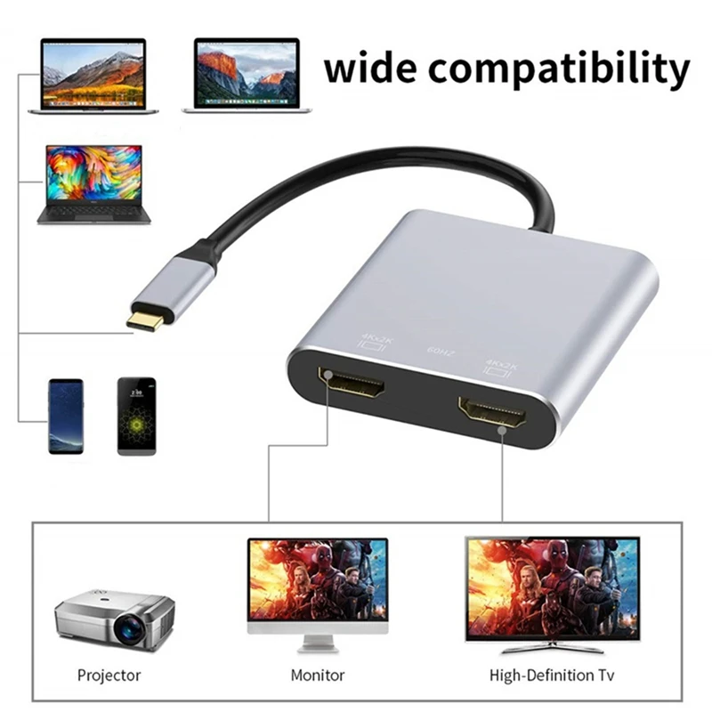 4In1 USB Type C Hub To Dual 4K HD -Compatible Charge Port USB-C Docking Station Adapter Support Dual-Screen Display