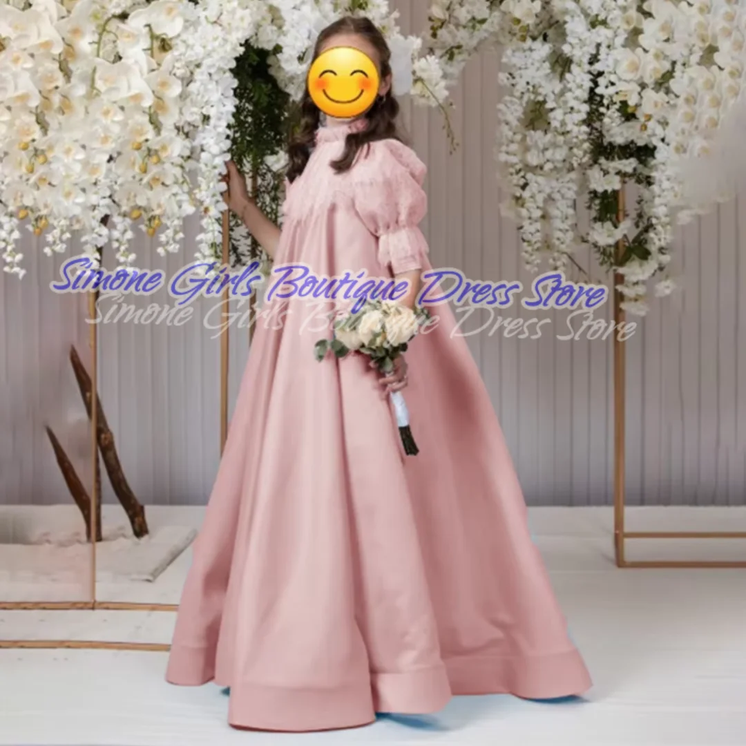 فستان كلاسيكي بسيط مزين بالدانتيل على شكل حرف A فستان فتاة الزهور طويل بطول الأرض أنيق نصف كم فستان التواصل الأول حسب الطلب