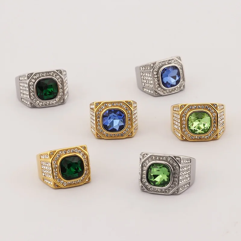 Hip Hop Rock Octagon Stereo Set with Circular Zircon Titanium Steel Men's Ring