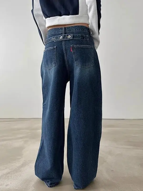 

Свободные широкие джинсы с завышенной талией в стиле ретро, длинные брюки с декоративным поясом и пуговицами, женские джинсовые брюки премиум-класса