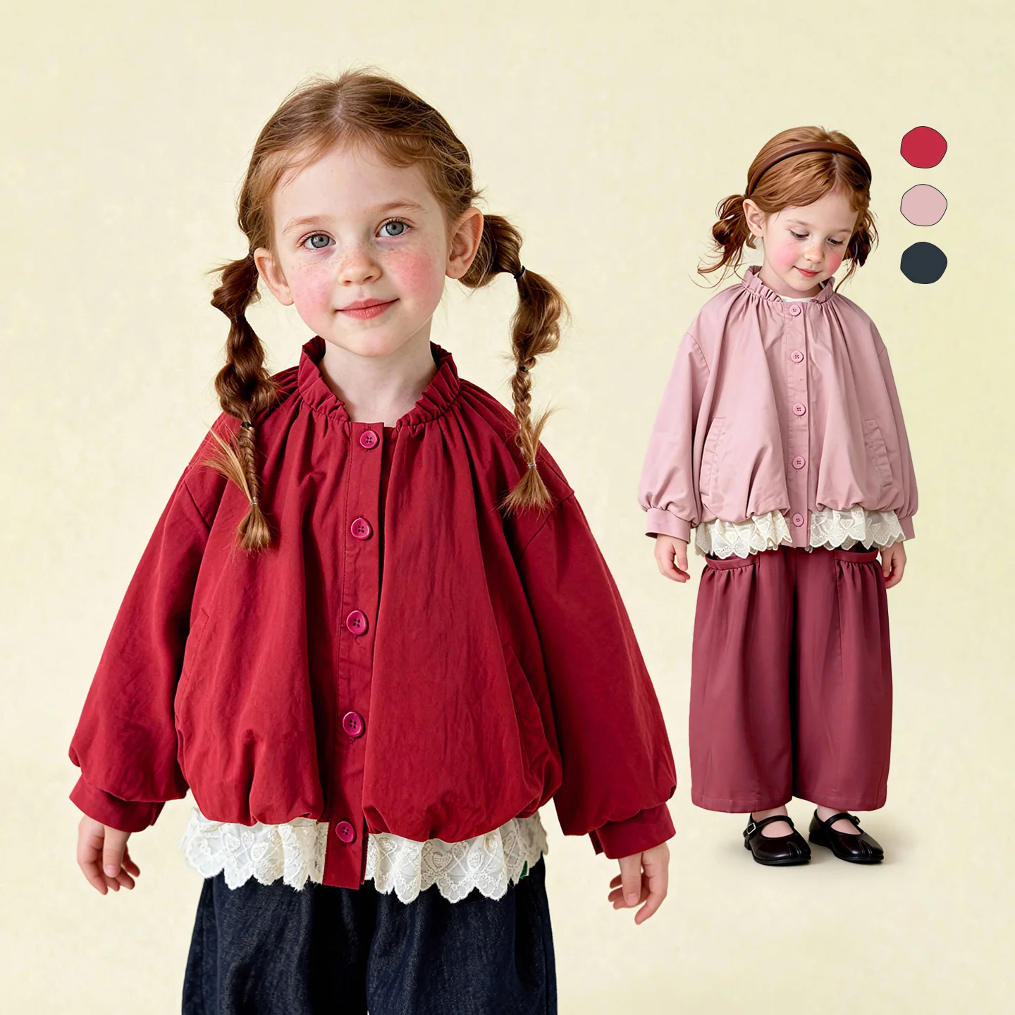 Amila Spring Girls' Coat Lace Lace Splicing Sweet Bubble Sleeves Fashionable Western Long Sleeve Children's Clothing Top