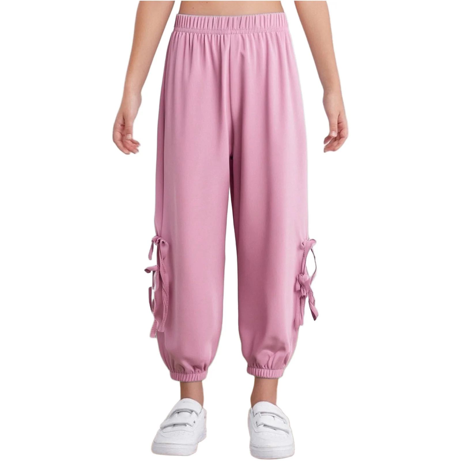 

Kids Girls Pants Casual Cute Bowknots Soft Loose Elastic Waistband Solid Color Trousers Pants for Picnic Vacation Travel Beach