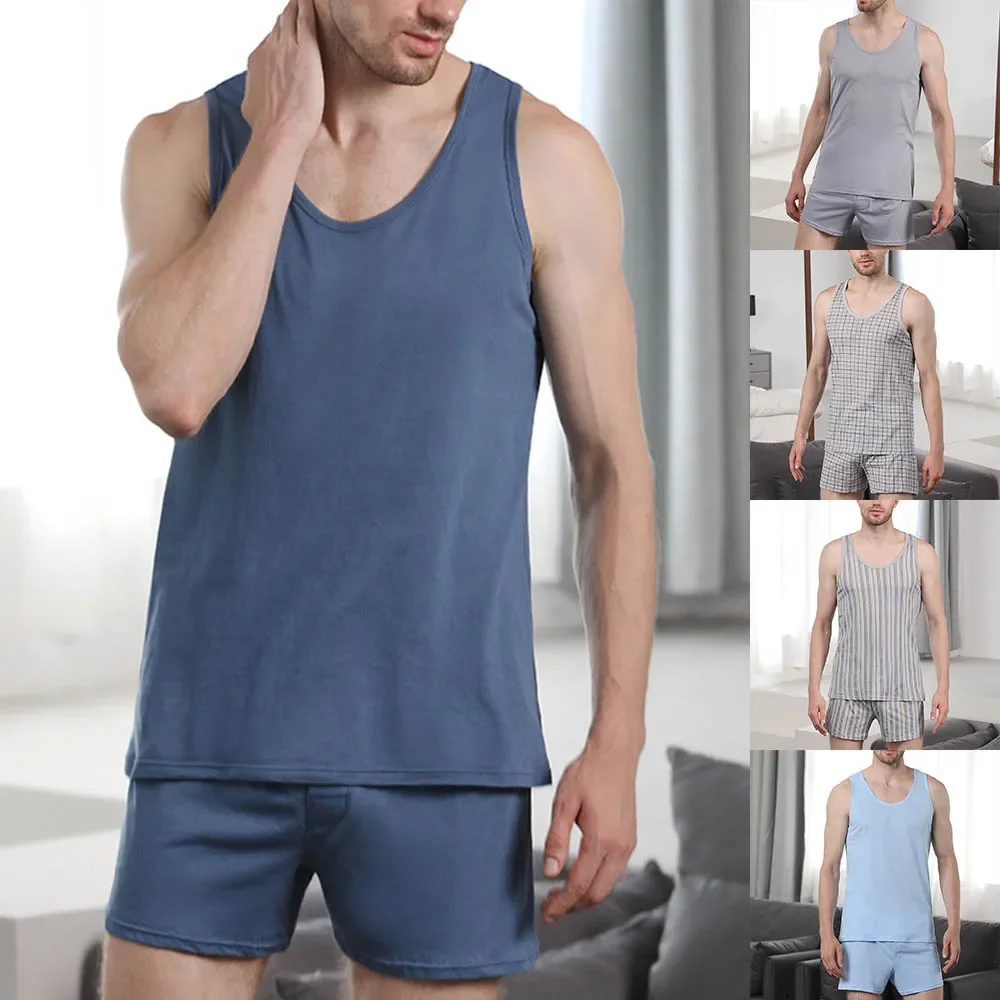 Set pakaian tidur pria Piyama, baju tidur pria kotak-kotak, baju celana pendek tanpa lengan, Tank Top musim panas