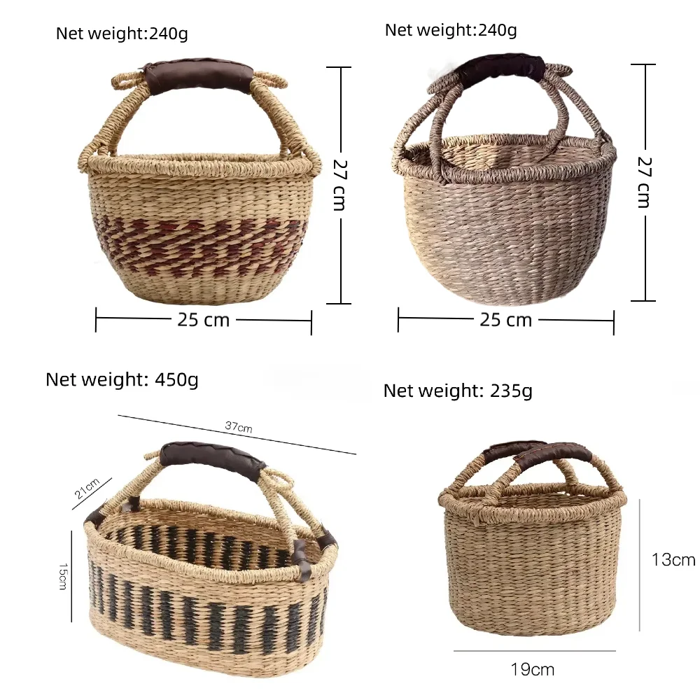 Cesta tejida a mano de algas marinas vietnamitas estilo Ins, elementos africanos, compras de comestibles, bolso de picnic, cesta de frutas, Baske de almacenamiento