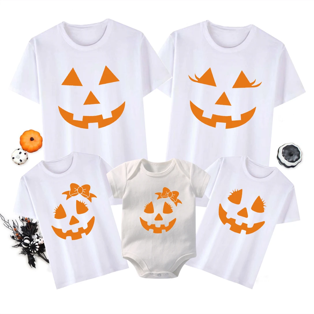 Funny Halloween Pumpkin Print Father Mother Daughter Son Baby Family Matching Clothes Family Look Cotton Dad Mom and Me Shirts