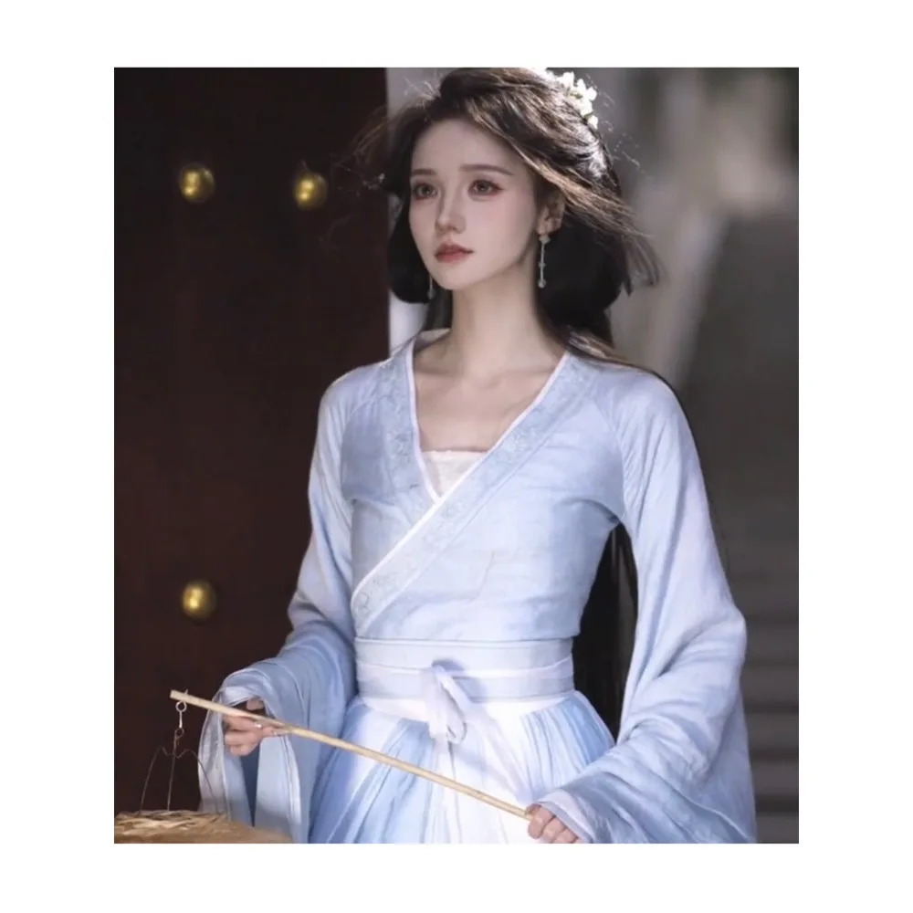 New Modified Blue Warring States Hanfu Cross Collar Wide Sleeve Cool Ancient Style Set