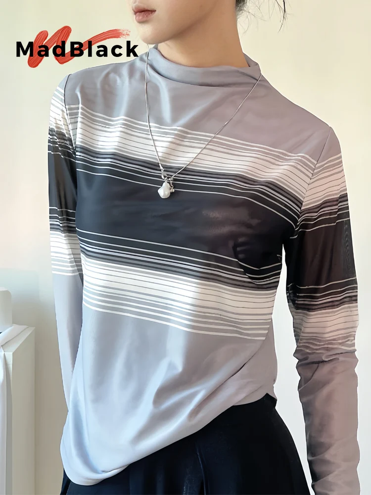 

MadBlack-Women's European T-Shirt, Sexy Mock Neck Striped, Fashion Modern Long Sleeve Slim M-2XL Mesh Tee, 2025 Winter T5N537CC