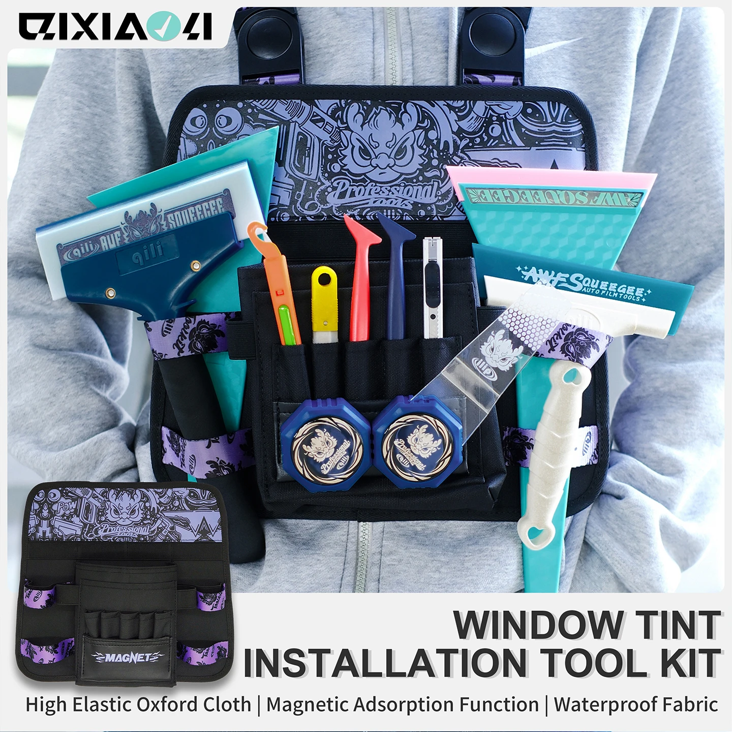 

Водонепроницаемая сумка Qili из ткани Оксфорд с магнитным креплением большой вместимости для хранения инструментов для тонировки окон автомобиля и ракельных щеток