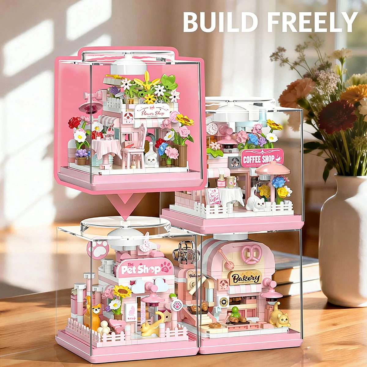 Cat Daily Life Micro Building Blocks Flower Shop Street View Assembly 3D Model Mini Brick Figure Toy For Kid Christmas Gift