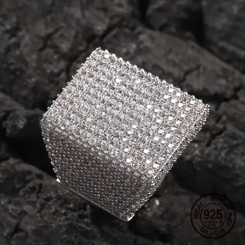 وصل حديثًا خواتم استرلينية فاخرة من 925 لعام 2025 للرجال نسخة واسعة مبالغ فيها مستطيلة من الزركون مثلج خارج خاتم هيب هوب وردي #4