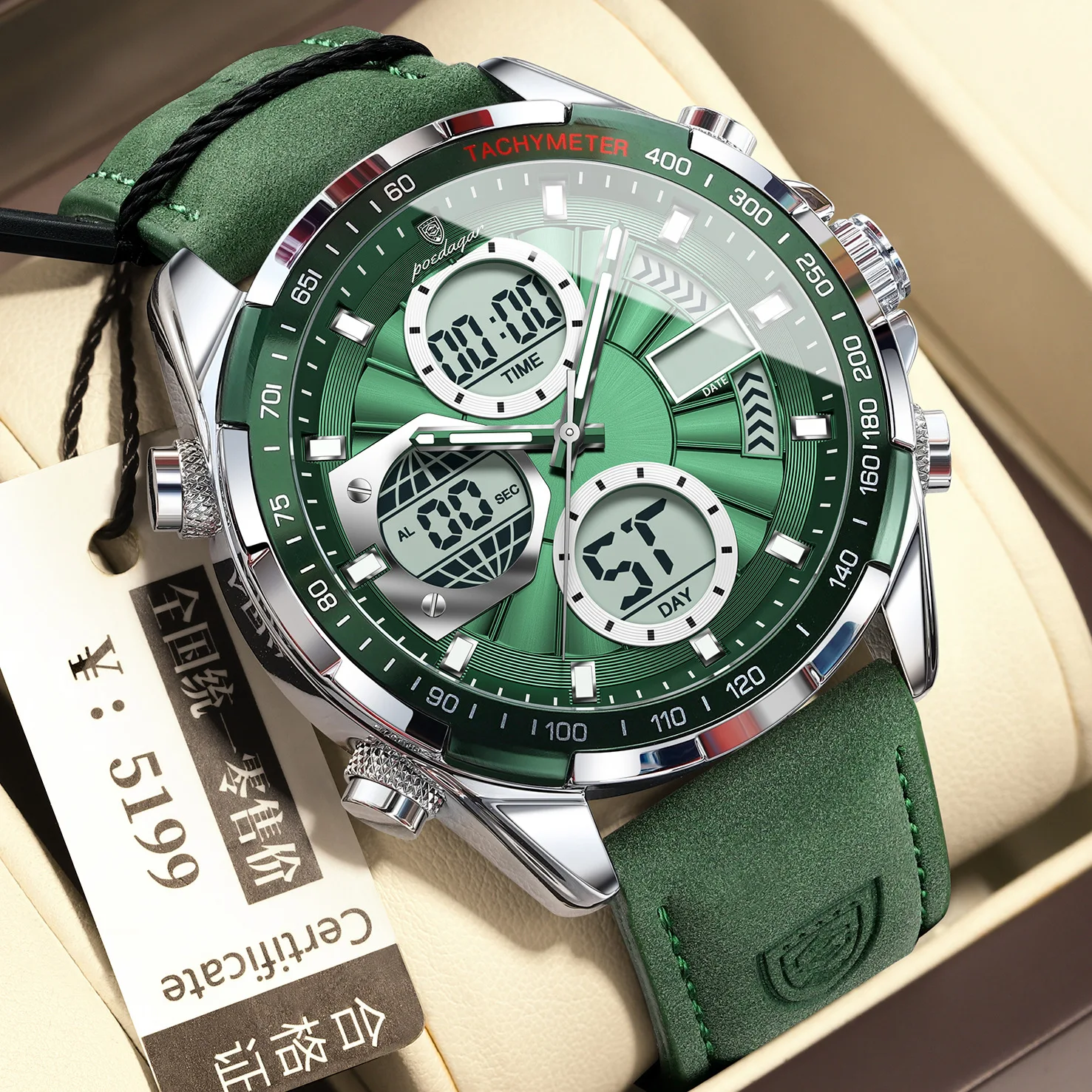 Men's Dual Display Sports Watch Green Dial Leather Strap Multifunctional Chronograph Waterproof Electronic Wristwatch