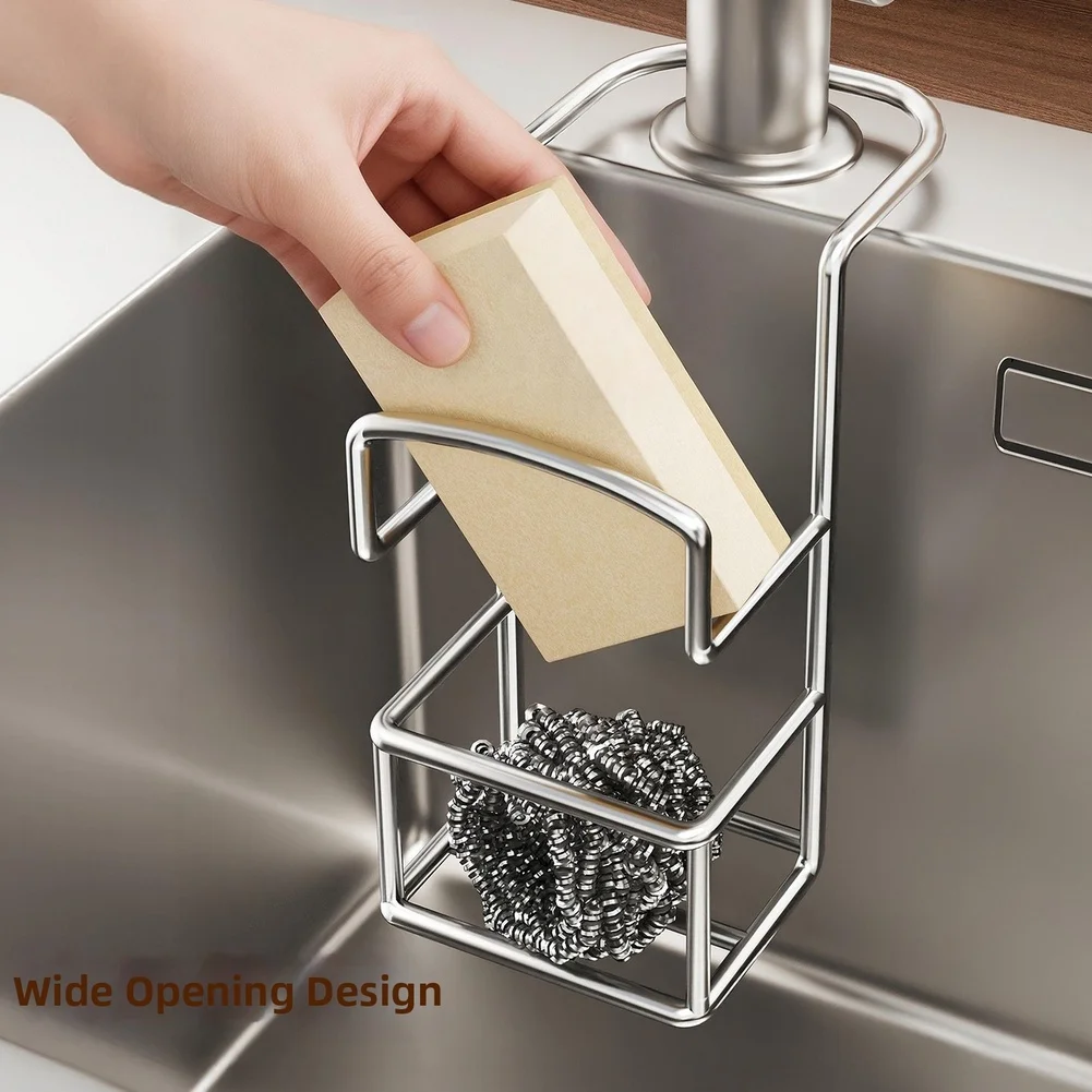 Stainless Steel Sink Mounted Sponge Holder with Drain Holes and Ventilated Base for Efficient Kitchen Workflow