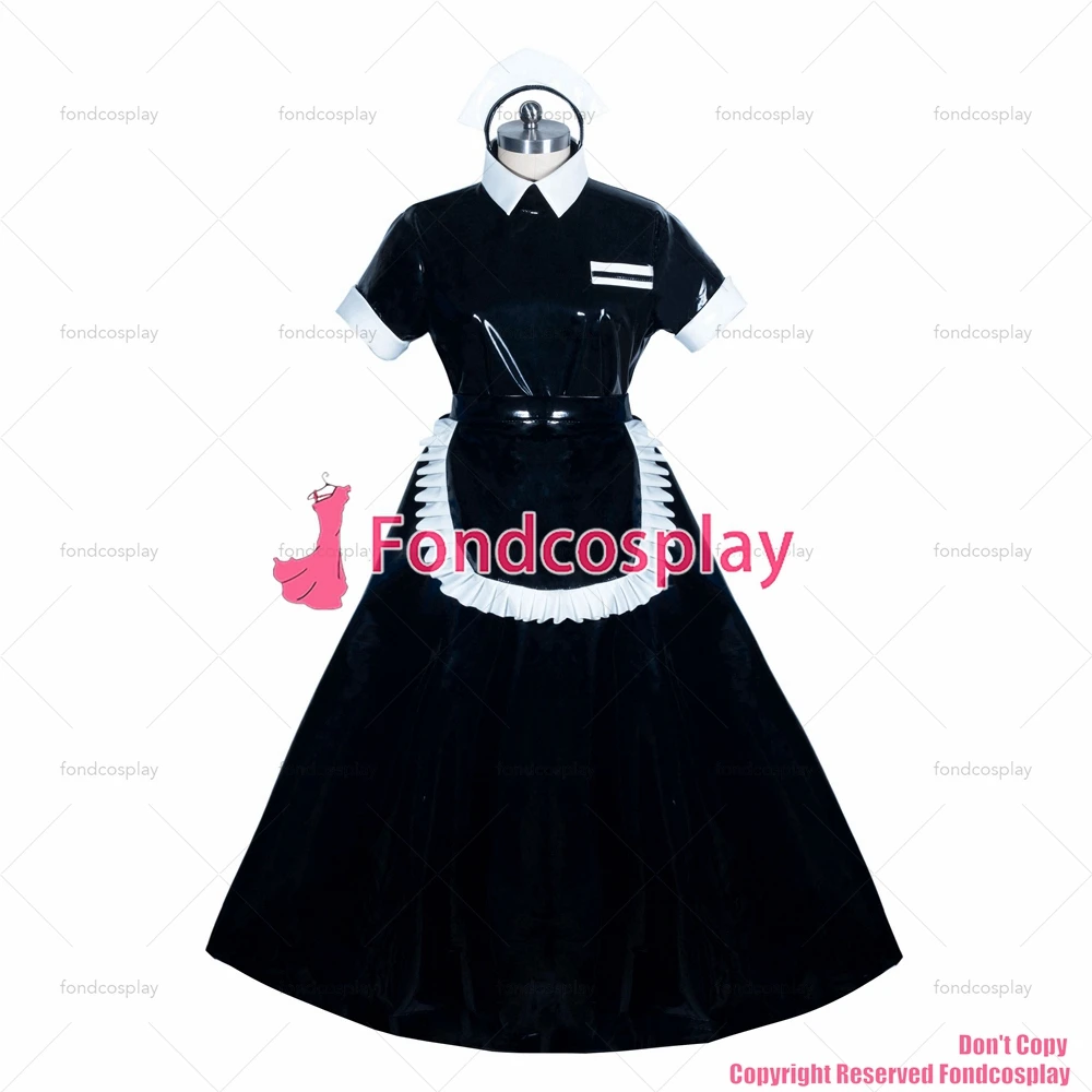 fondcosplay adult sexy cross dressing sissy maid long French heavy PVC lockable black dress Unisex Tailor-maid[G3919]