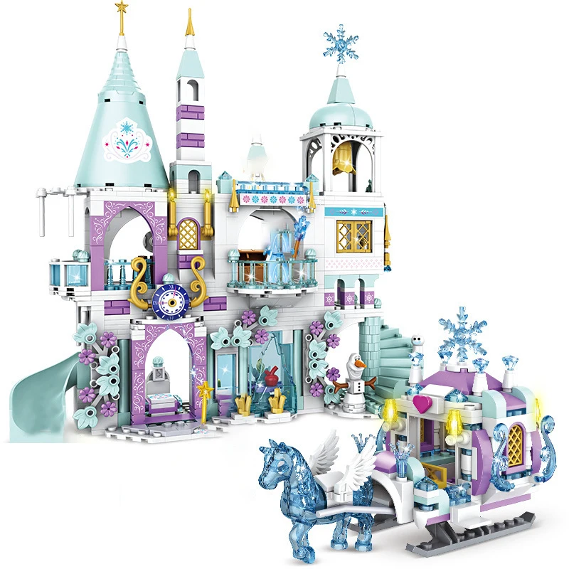 Friends Princess Luxury Ice Castles Playground House Movies Winter Snow Horse Figures Building Blocks Set Toy for Girls DIY Gift