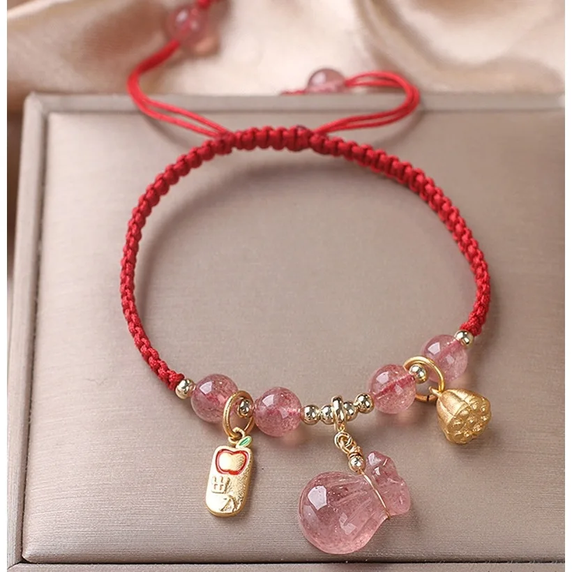 

Strawberry Quartz Red String Bracelet for Women Peach Peace Buckle Braided Handstring Best Friend Bracelet Gifts