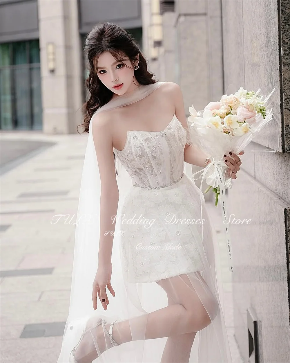 TULX Luxury Sparkly Lace Wedding Dress V Neck Tulle Birthday Party Ankle Length Engagement Party Customized Robe De Mariée 2025