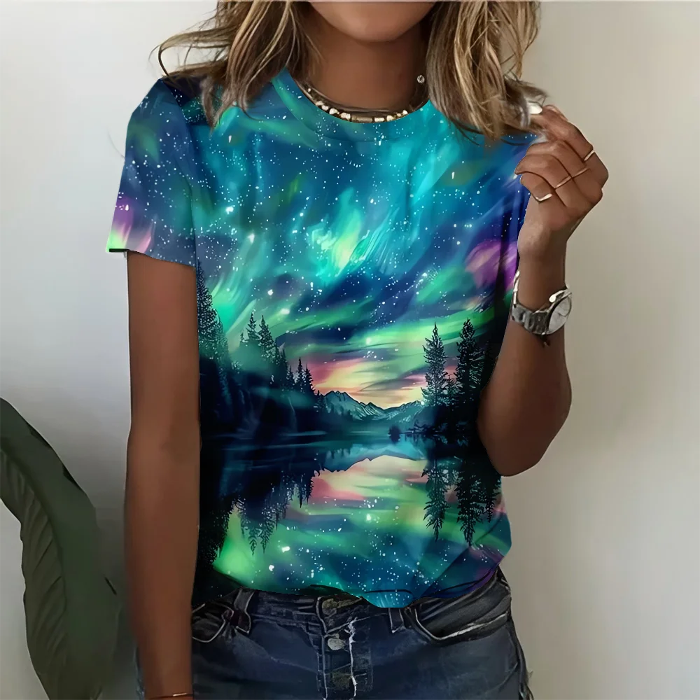 

Starry Sky Forest Scenery Dreamy Galaxy Women's T-shirt Casual Fashion Comfortable Deep Blue Short Sleeve