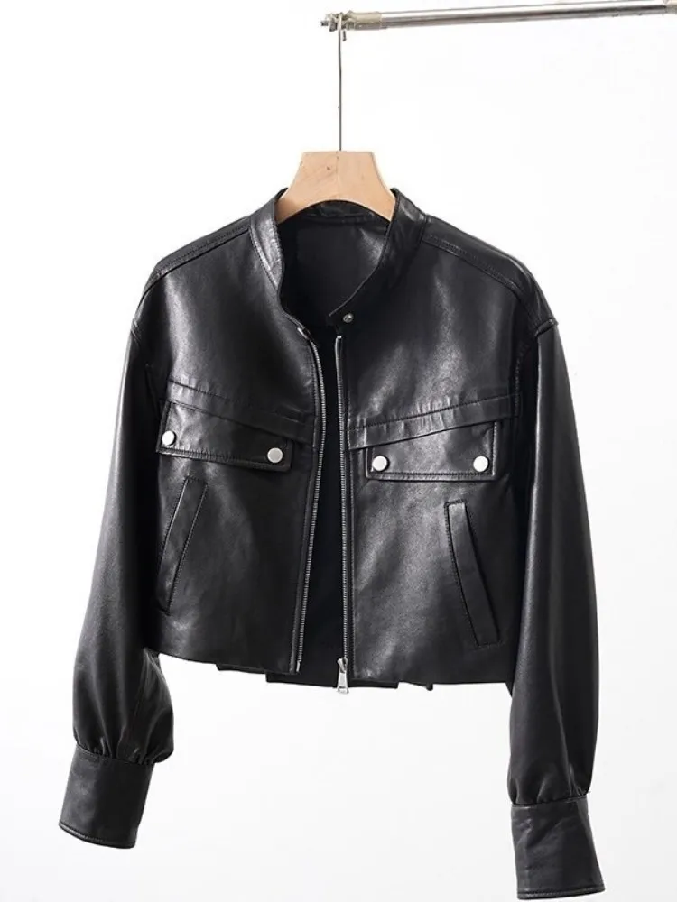 高品質天然シープスキン女性ショートコートスタンドカラー春秋の新ストリートパンクオートバイ本革ジャケット