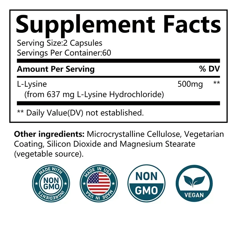 L-Lysine Capsules - Calcium Absorption, Promotes Integrity of Skin and Lips, Helps Built Collagen, Enhance memory