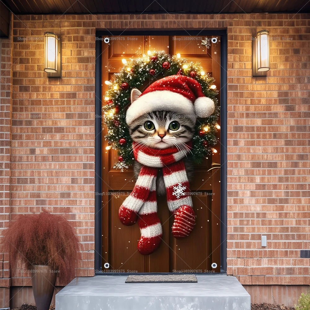 عيد الميلاد القطط لافتات الباب زينة حفلة عيد الميلاد خلفيات للتصوير الفوتوغرافي للداخلية في الهواء الطلق جدار الشرفة خلفية لوازم الحفلات