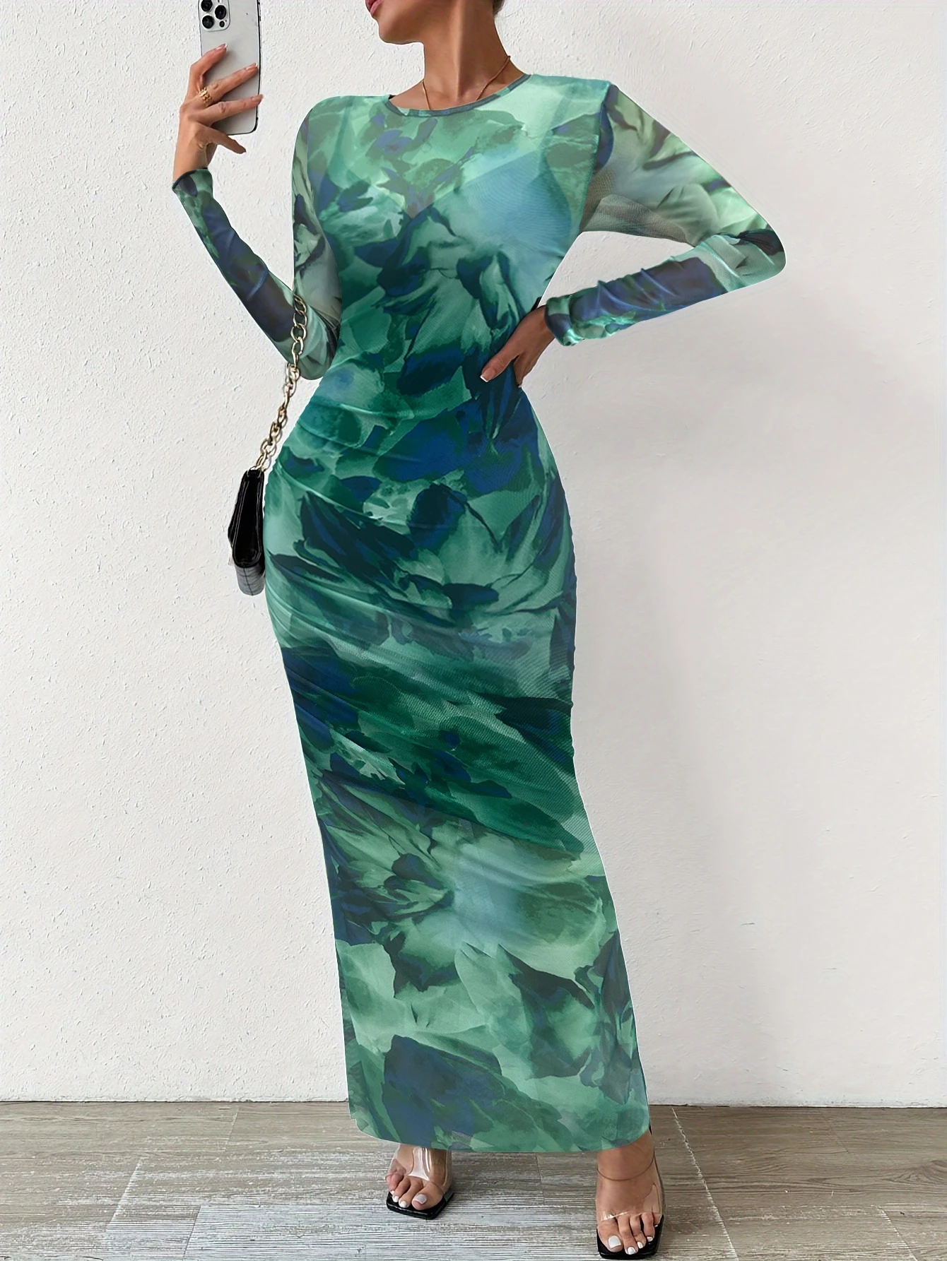 

Новая женская летняя длинная юбка из полиэстера с завышенной талией, облегающая, с круглым вырезом, длинными рукавами, в стиле тай-дай, для повседневной носки