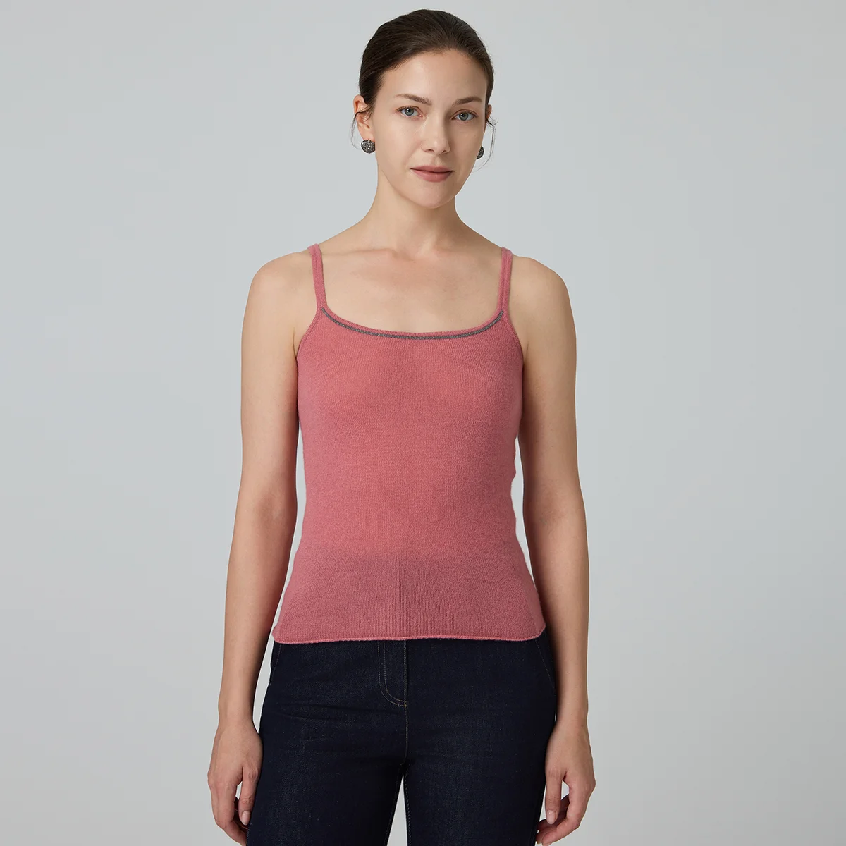 

BY3521277 Premium 100% Cashmere Knit Vest Soft 7-Gauge Strap Tank Contrast Trim Top Casual Wear