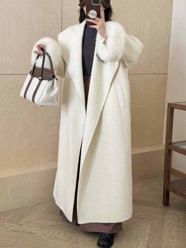 BJTZ الثعلب الشعر الأصفاد الوجهين معطف من قماش الكشمير النساء 2024 الخريف/الشتاء منتصف طول الدانتيل متابعة معطف فضفاض موضة بسيطة #5