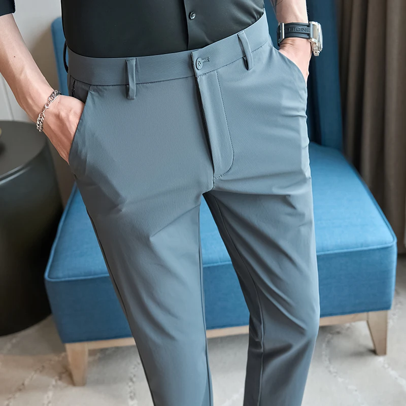 40 38 36 Men Summer High Quality Ice Silk Suit Pants Men\'s Fashion High Quality Slim Fit Solid Color Business Suit Trousers