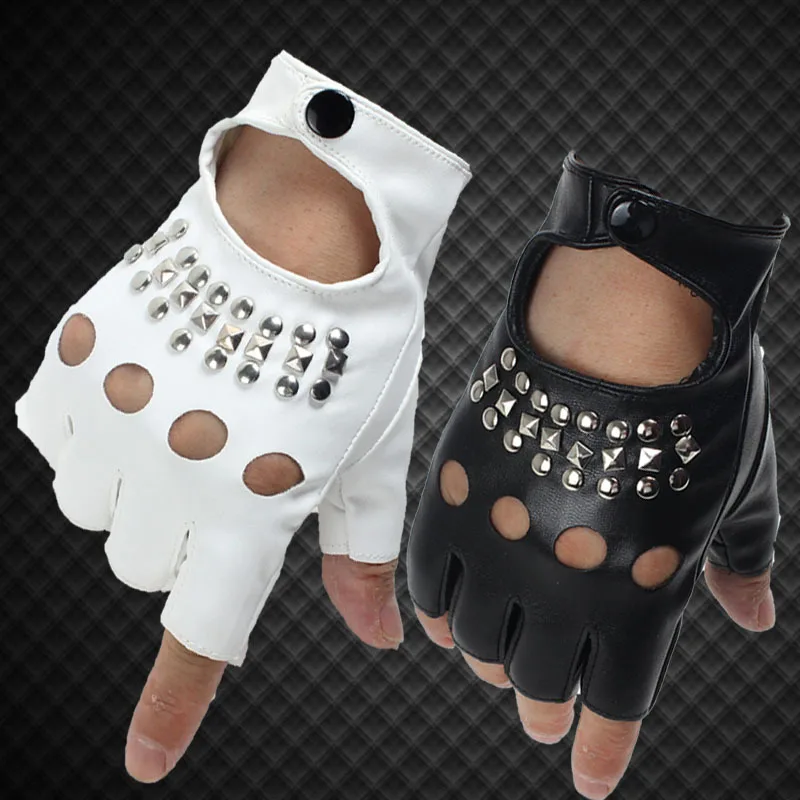 PU Half Finger Gloves Riveted Fingerless Gloves Hollow Out Performance Dance Cycling Stage Show Gloves
