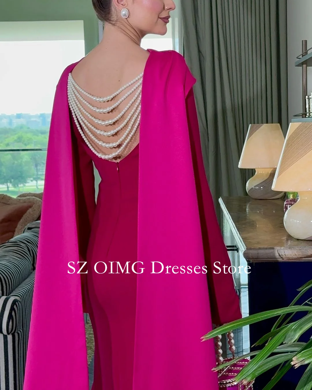OIMG Saudi Arabia Crepe Satin Prom Dresses Boat Neck Dress Hot Pink Pearls Dress Formal Women Wedding Party Gowns