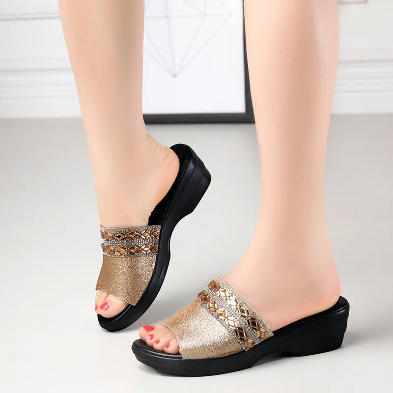 Platform Slippers Women 2024 Summer New Wedges Shoes For Womans Rhinestones  Mother  Elegant Medium Heel Sandals Ladies Shoes