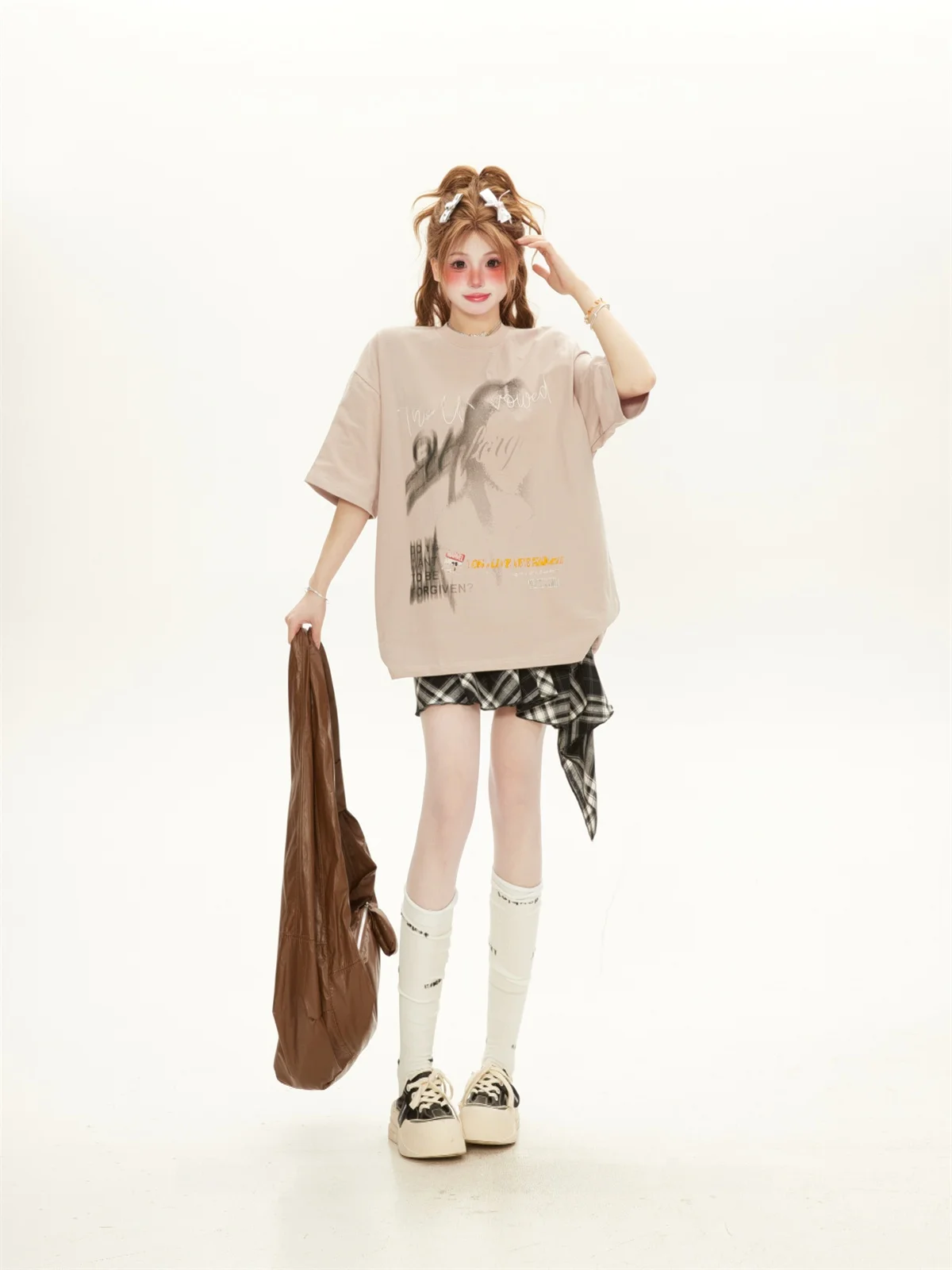 Abstract Print Casual Women's T-shirt Five-Quarter Sleeve round Neck Loose Fit Summer Trendy Brand Commute Style Pure Cotton
