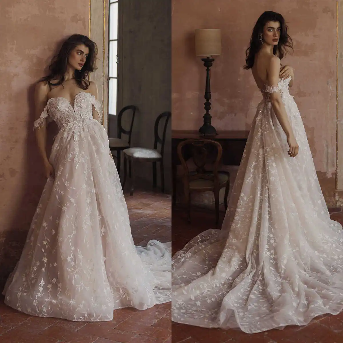 

Flowers A-Line Gown Wedding Dresses Sequins Pearls Lace Sweep Train Bridal Gowns Big Size Vestidos De Novia Custom Size Colour